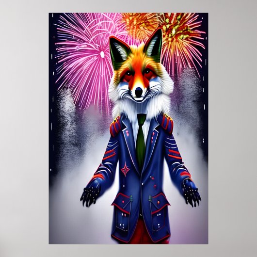 Rotfuchs in Uniform und Feuerwerk | AI Art Poster (Vorne)
