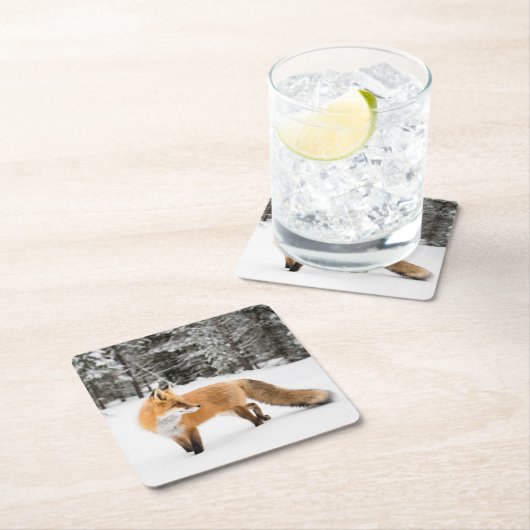 Rotfuchs in weißem Schnee Rechteckiger Pappuntersetzer (Vor Ort)