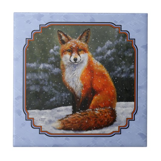 Rotfuchs in Winterschnee Blau Fliese (Vorderseite)