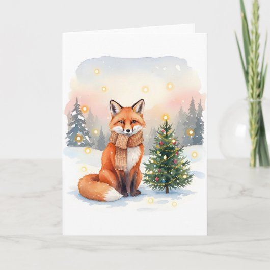 Rotfuchs mit braunem Schal und Weihnachtsbaum Karte (Vorderseite)