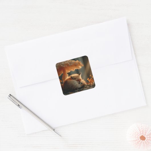 Rotfuchs schlafen unter dem riesigen Pilz Quadratischer Aufkleber (Umschlag)