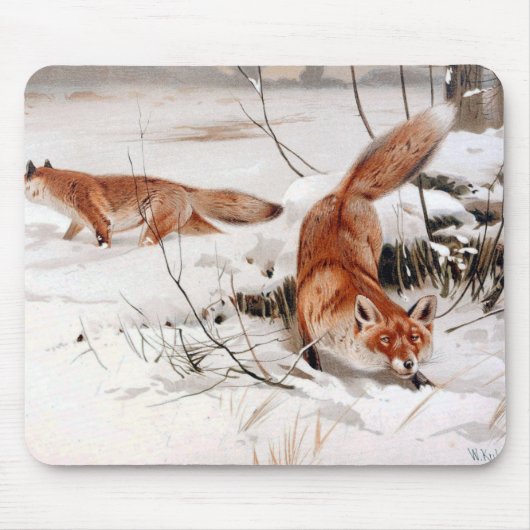 Rotfüchse im Winterschnee (von Wilhelm Kuhnert) Mousepad (Vorne)