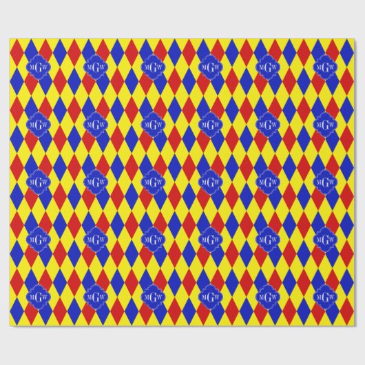 Rotgelbes blaues Harlequin Quatrefolie 3 Monogramm Geschenkpapier (Flach)
