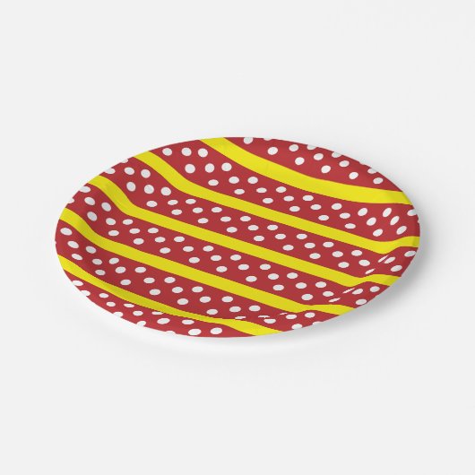 Rotgelbes Polka-Dot-Streifen-Muster Pappteller (Schrägansicht)