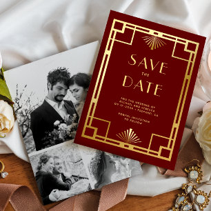 Rotgold Art Deco Foto-Collage-Hochzeit Save The Date
