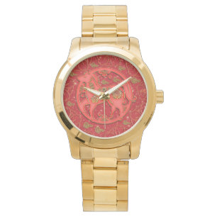 Rotgold-Blumenpferd 2026 Chinesisches Neujahr Armbanduhr
