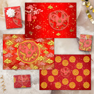 Rotgold Glückswolken Chinesisches Sternzeichen Hah Geschenkpapier Set