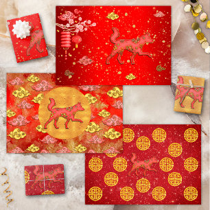 Rotgold Glückswolken Chinesisches Sternzeichen Hun Geschenkpapier Set