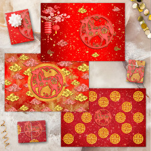 Rotgold Glückswolken Chinesisches Sternzeichen Pfe Geschenkpapier Set