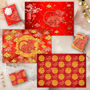 Rotgold Glückswolken Chinesisches Sternzeichen Rat Geschenkpapier Set