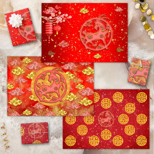 Rotgold Glückswolken Chinesisches Sternzeichen Zie Geschenkpapier Set