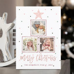 Rotgold | Moderne frohe Weihnachten 3 Foto<br><div class="desc">Einfache und moderne Frohe Weihnachtsskript Holiday Flachkarte verfügt über 3 Fotos mit einem Imitat Rose Gold Glitzer Stern und quadratische Rahmen auf einem pastellfarbenen Regenbogen Polka Punkte Muster Hintergrund</div>
