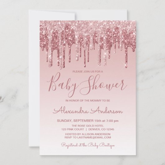 Rotgold | Rosa Sparkle Glitzer Kinderdusche Einladung (Vorderseite)