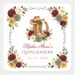 Rotgold Western Pferd Floral Charra Quinceañera Quadratischer Aufkleber