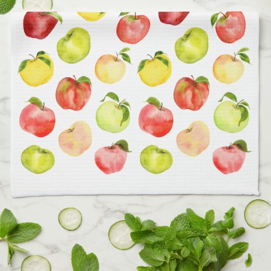 Rotgrüne Apfelillustrierung Aquarellfarben Herbst Geschirrtuch (Gefaltet)