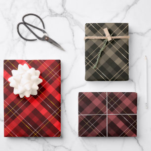 Rotgrüne Maronen Braune Karos Weihnachtsmuster Geschenkpapier Set