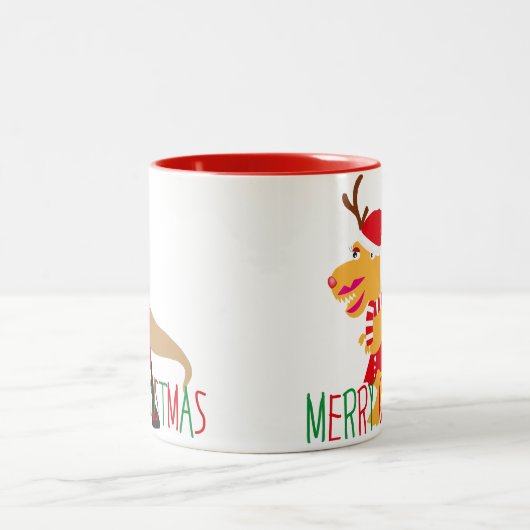 Rotgrüne Rentierfische Santa-Claus-Dinosaurier Zweifarbige Tasse (Mittel)