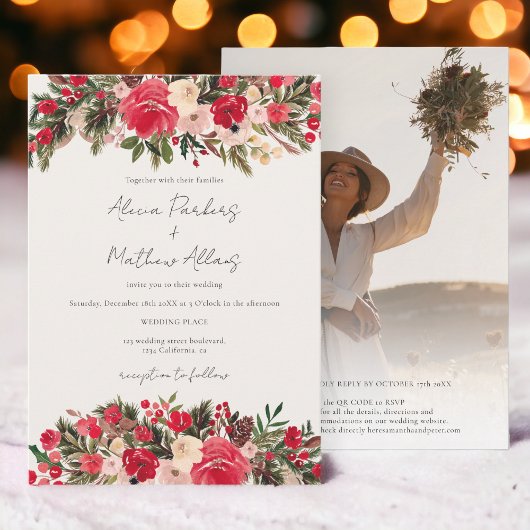Rotgrüner Winter Foto Qr Code Hochzeit Einladung