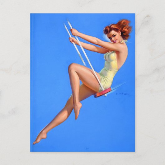 Rothaarige auf Schaukel Pin Up Postkarte (Vorderseite)