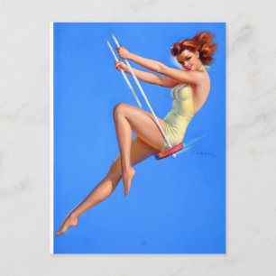 Rothaarige auf Schaukel Pin Up Postkarte