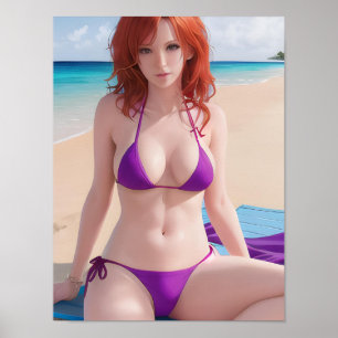 Rothaarige Dame in einem Lila Bikini Poster