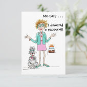 Rothaarige Dame wird 50 Jahre alt und Proteste kön Dankeskarte (Stehend Vorderseite)