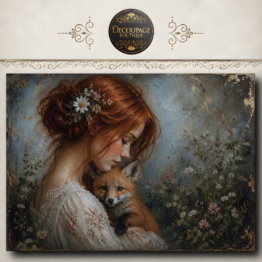 Rothaarige Frau Fuchs Gänseblümchen Decoupage Seidenpapier
