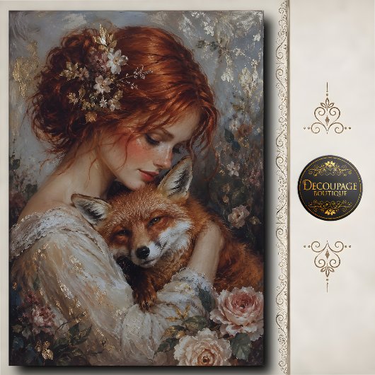 Rothaarige Frau Fuchs Rosen Decoupage Seidenpapier