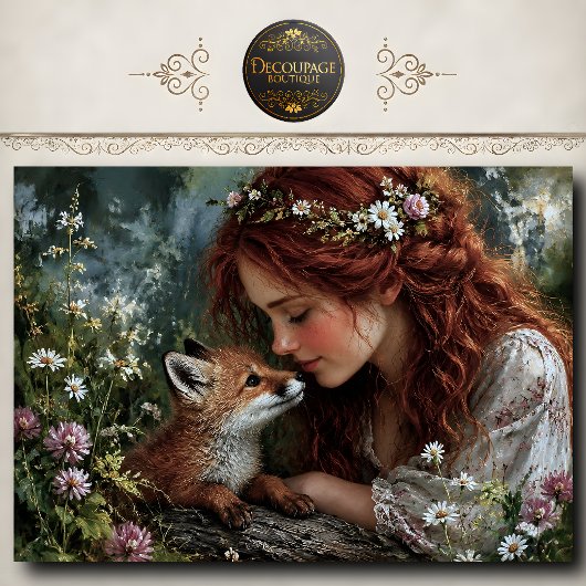 Rothaarige Frau Fuchs Wildblumen Decoupage Seidenpapier