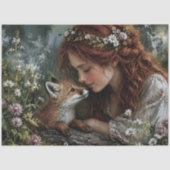 Rothaarige Frau Fuchs Wildblumen Decoupage Seidenpapier (Vorderseite)