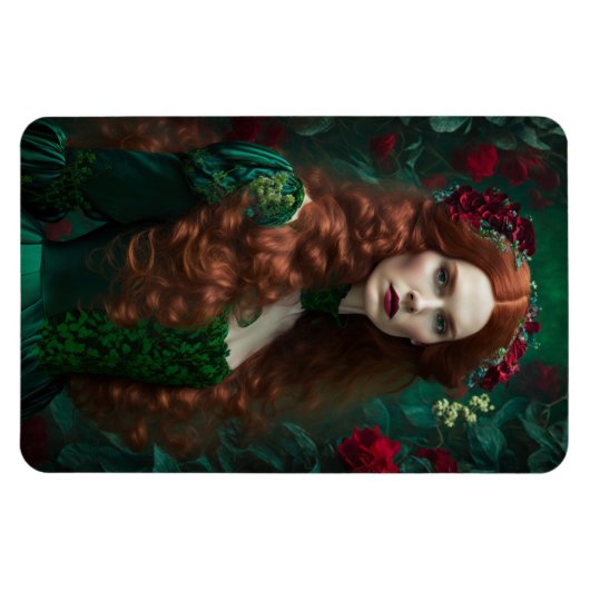 Rothaarige Frau im Smaragdgrünen Kleid. Magnet (Horizontal)