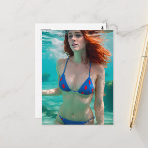 Rothaarige Frau in einem blauen Bikini mit roten T Postkarte