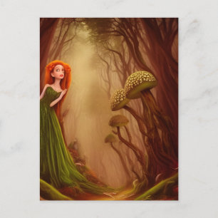 Rothaarige Frau in einem Pilzwald Fantasy AI Postkarte