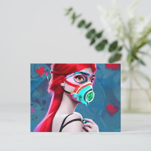 Rothaarige Frau in einer Gasmaske AI Art Postkarte (Stehend Vorderseite)