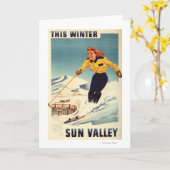 Rothaarige Frau Lächeln und Skiplakat Karte (Gelbe Blume)