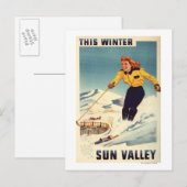 Rothaarige Frau Lächeln und Skiplakat Postkarte (Vorne/Hinten)