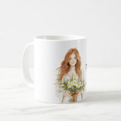 Rothaarige Frau mit Gänseblumen Kaffeetasse (Vorderseite Links)