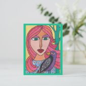 Rothaarige Frau mit Vogelpostkarte Postkarte (Stehend Vorderseite)