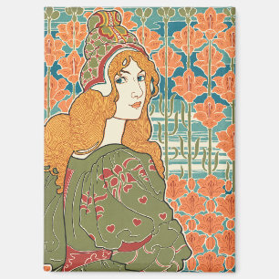Rothaarige Frau Orange Lilien Vintage-Kunstprint Magnet