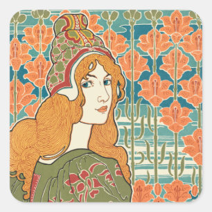 Rothaarige Frau Orange Lilien Vintage-Kunstprint Quadratischer Aufkleber