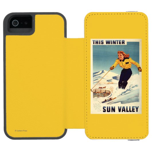 Rothaarige Frauen-lächelndes und Ski fahrendes Incipio iPhone Geldbeutel-Hülle (Folio Geöffnet)