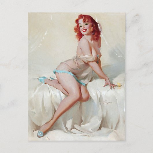 Rothaarige in Pantoffeln Pin Up Postkarte (Vorderseite)