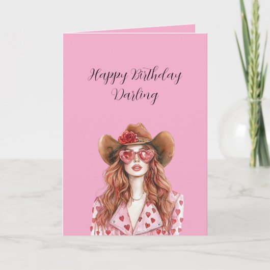 Rothaarige Lady Cowgirl Herzen Geburtstag Karte (Vorderseite)