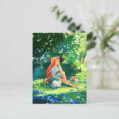 Rothaarige Mädchen mit weißer Katze Postkarte (Stehend Vorderseite)