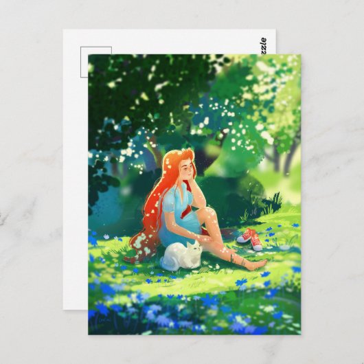 Rothaarige Mädchen mit weißer Katze Postkarte (Vorne/Hinten)