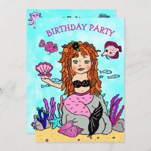 Rothaarige Meerjungfrau unter der Geburtstagsparte Einladung