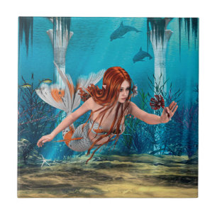 Rothaarige Meerjungfrau Unterwasser-Fantasy-Kunst Fliese