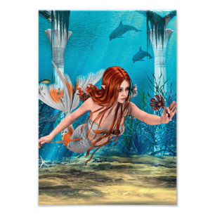 Rothaarige Meerjungfrau Unterwasser-Fantasy-Kunst Fotodruck