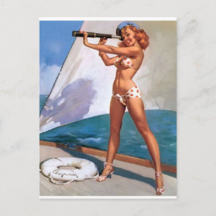 Rothaarige mit Fernrohr Pin Up Postkarte