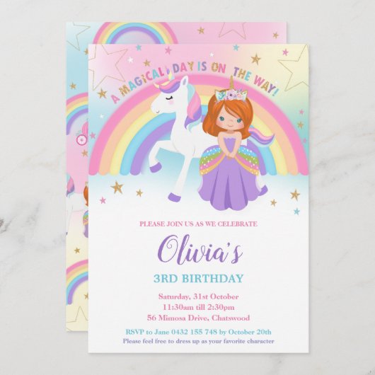 Rothaarige Prinzessin Unicorn Birthday Rainbow Einladung (Vorne/Hinten)
